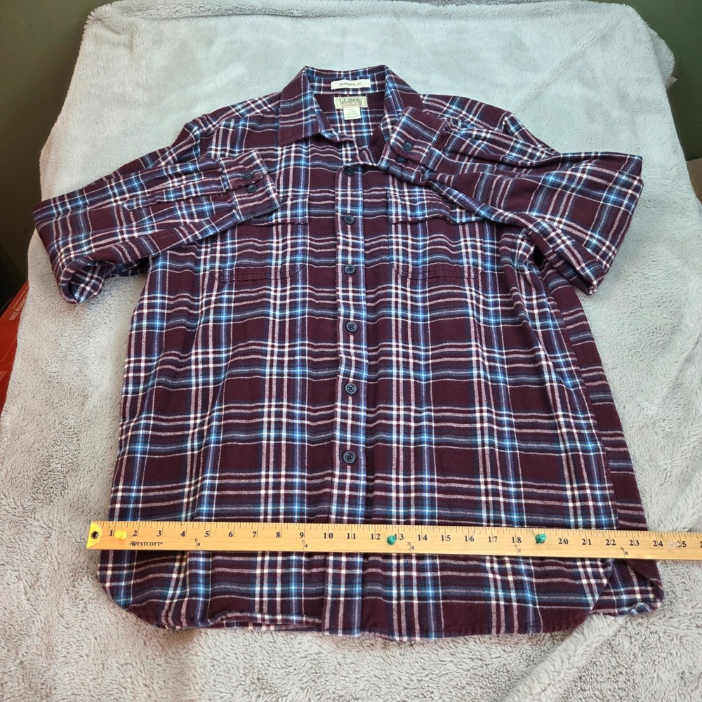 LL Bean Chamois Cloth Shirt Mens L Burgundy Blue Plaid‎ Flannel Traditional Fit